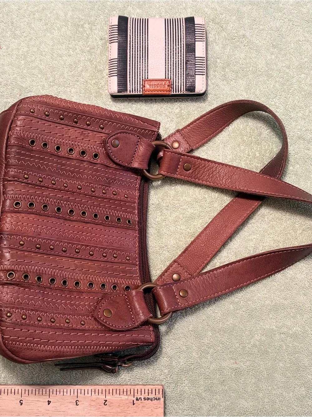 Brown Studded Shoulder Bag & Fossil Wallet Bundle